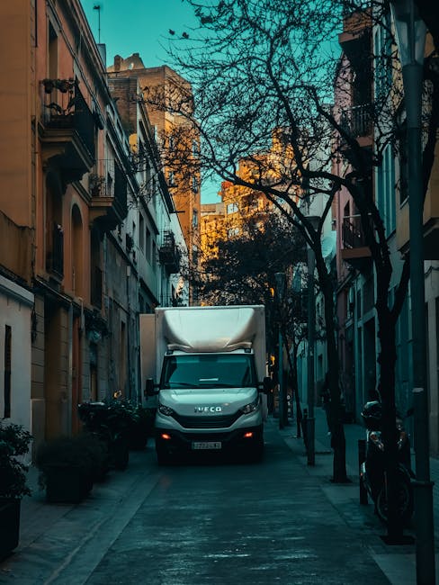 A white delivery van with the logo of Man with Van Earlsfield is parked on a narrow, tree-lined street in an urban residential area. The van is positioned centrally, facing forward, with its cab clearly visible and cargo area covered with a white protective tarp. The street is flanked by multi-storey buildings with balconies, some featuring decorative wrought iron railings, and a mix of modern and older architectural styles. Bare trees with branches stretching overhead cast shadows on the pavement, which is made of concrete and shows signs of regular use. On the pavement to the right of the van, there are black metal bollards, and a bicycle is parked beside one of them. The scene suggests a home relocation or furniture transport operation, with the van potentially in the process of loading or unloading household items, part of the loading process for a moving service such as those provided by Man with Van Earlsfield.