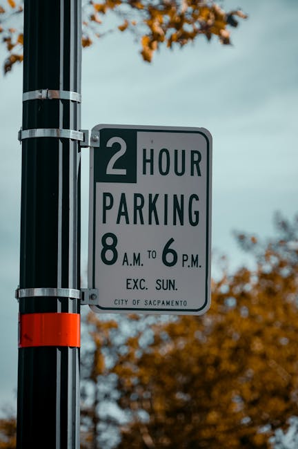 Close-up view of a rectangular parking restriction sign mounted on a black pole with metal brackets, indicating a two-hour parking limit from 8 a.m. to 6 p.m., excluding Sundays, in Sacamento city. The sign has a white background with black text and borders. In the background, blurred autumn leaves on trees and a cloudy sky are visible, suggesting an outdoor street scene. This image relates to parking regulations that may impact house removals and furniture transport logistics, as managed by Man with Van Earlsfield, in areas with specific loading and parking restrictions for home relocation processes.